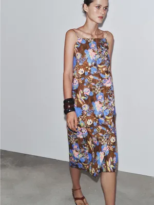 NWT Zara Floral Midi Apron Cotton Brown Dress Sz L thumbnail 3