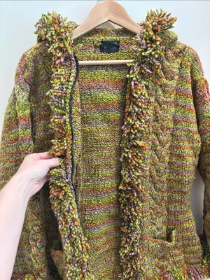 Native Knit Zip Cardigan 100% Wool Handmade Colorful Fringe Size Large thumbnail 4