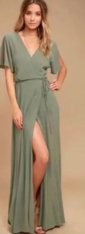 Lulus Much Obliged Washed Olive Green Wrap Maxi Dress thumbnail 1