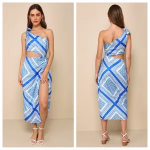 Lulus Vacay Beauty Blue Scarf Print One-Shoulder Tie-Strap Midi Dress thumbnail 2