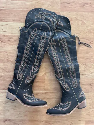 Women's Embroidery Cowgirl Western Pull On Over The Knee Boots Pointed Toe Shoes thumbnail 1