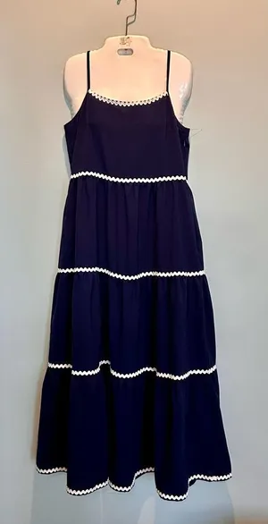 BTFBM Tiered Midi Dress Navy/ White Rick Rack Trim adjustable straps size Small thumbnail 1