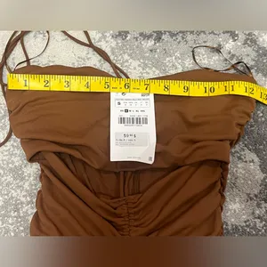 Zara Brown Ruched Mini Dress Front Cutout Size S thumbnail 5