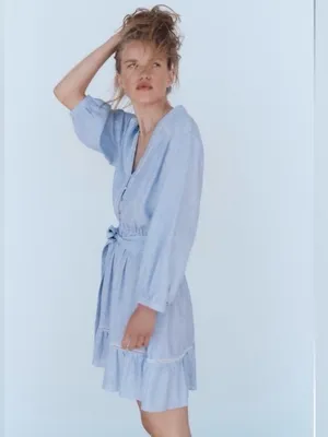 Zara Women's Size Large Mini Shirt Dress Blue White Stripes Crochet Belted Linen thumbnail 3
