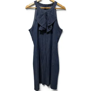 Banana Republic Blue Denim Halter Dress Ruffle Bow Shift Pockets Sleeveless thumbnail 2