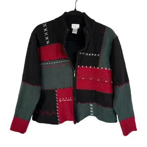90's Wool Patchwork Jacket Boxy Zip Up Grandma Sweater Black Embroidered XL thumbnail 1