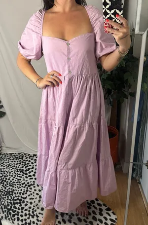 Bershka Puff Sleeve Tiered Poplin Maxi Dress Shirt Purple Size Medium thumbnail 1