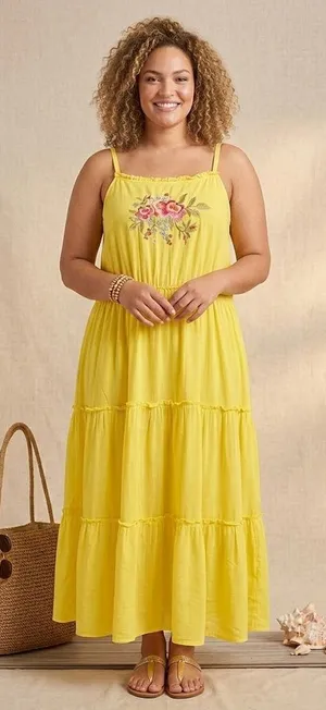 FEATHER Yellow Boho Embroidered Tiered Maxi Dress Plus 2X Coastal Summer Rayon thumbnail 1