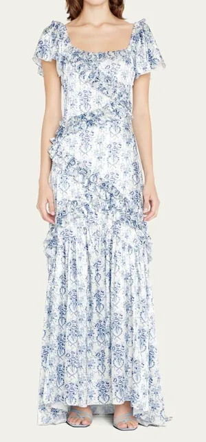 LoveShackFancy Kenya Ruffled White and Blue Floral Maxi Dress Size 2 thumbnail 1