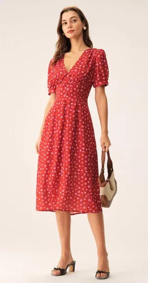 Rihoas Red Floral Ruched Midi Dress thumbnail 5