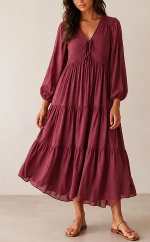 Young Fabulous & Broke Mauve Tiered Boho V Neck Midi Dress XS thumbnail 1