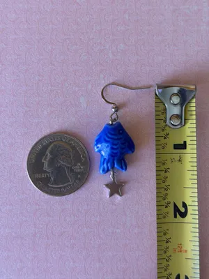 Handmade unique funky cute blue ceramic fish & star dangle earrings ⭐️🐟💕 thumbnail 5