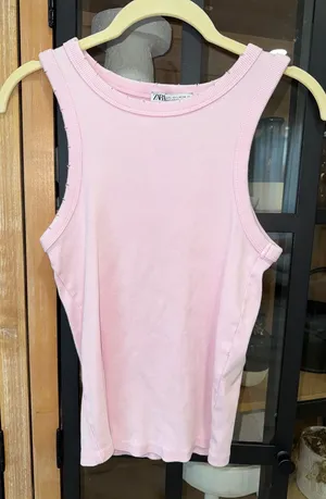 Zara ribbed tank top distressed bubblegum pink cotton fitted tee thumbnail 1