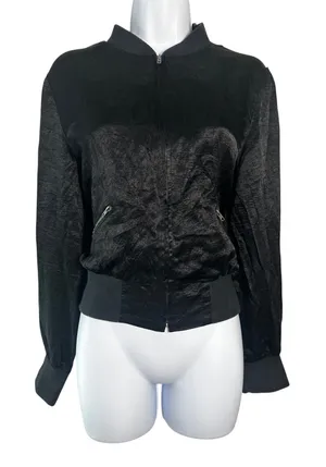 Spenser Jeremy Womens Black Crinkle Textured Full‎ Zip Bomber Jacket Medium thumbnail 1
