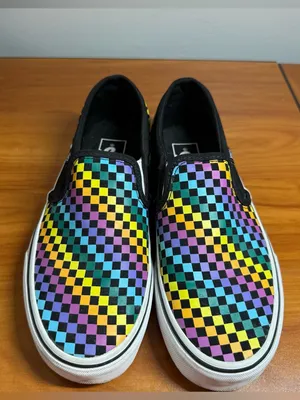 Vans Classic Slip On Checkerboard Canvas Sneaker Skate Rainbow Black Shoe W6.5‎ thumbnail 2