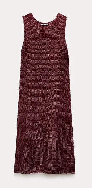 NWT Zara Sleeveless Textured Knit Maxi Beach Resort Dress in Deep Burgundy Sz S thumbnail 1