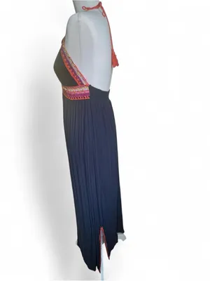 Indigo Rein Boho Crochet Trim Navy Halter Maxi Dress Size M thumbnail 4