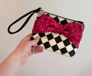 Betsey Johnson Checkered Wristlet Pink Sequin‎ Bow Heart Charm Clutch Bag thumbnail 1