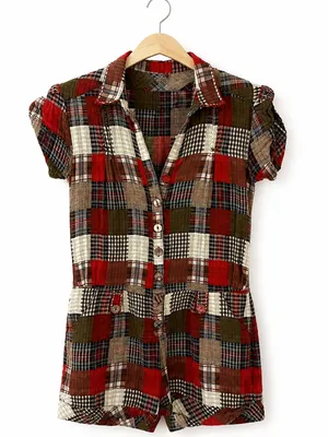 NWT Size M Patchwork Plaid Romper Short Sleeve Fall Boho Jumpsuit country chic thumbnail 1