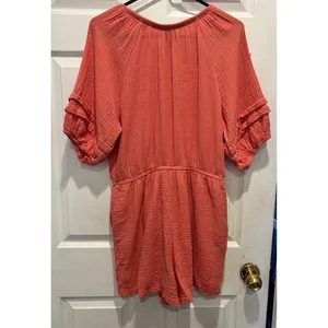 Knox Rose Womens Large Coral Pink Gauze Boho Romper Tassel Tie Ruffle Sleeve L‎ thumbnail 8