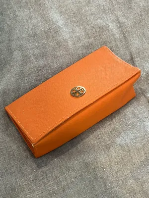 Tory Burch Orange Leather Eyewear Pouch with Gold Logo thumbnail 1