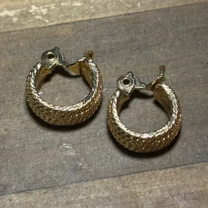 Vintage Monet gold tone textured clip on hoop earrings thumbnail 1
