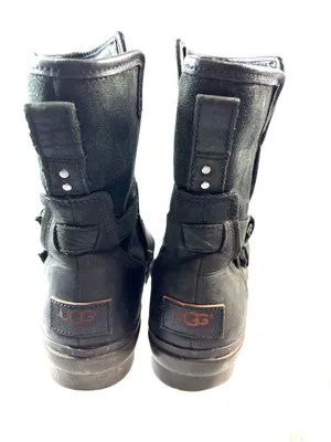 UGG 8 Moto Biker Black Genuine Leather Mid-Calf Combat Boots with Buckle Straps thumbnail 2