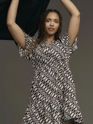 Anthropologie Somerset Cotton Smocked Waist Mini Dress Navy Link Pattern Large thumbnail 5