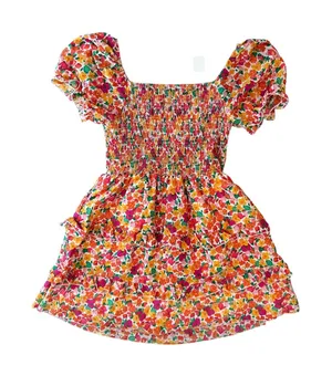 Double Take Floral Smocked Mini Dress Orange Pink Yellow Tiered Ruffle Large NWT thumbnail 1