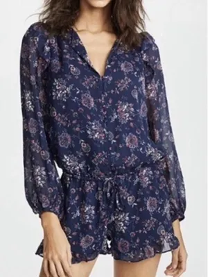 Joie Romper Womens Navy Blue Floral Ruffle Long Sleeve V-Neck Size M thumbnail 1