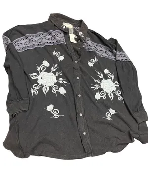 Free People womens Black Embroidered polyester Button-Up Blouse sz L SKU 10-742 thumbnail 1