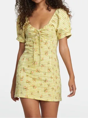 RVCA Gretel yellow gingham Floral smocked cottage puff Sleeve Mini Dress L thumbnail 1
