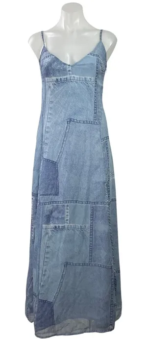 ASOS Design Womens Blue Sleeveless Denim Patchwork Camisole A-line Maxi Dress 4 thumbnail 1