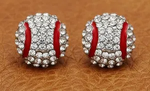 Rhinestone Baseball Stud Earrings in Red & White thumbnail 1