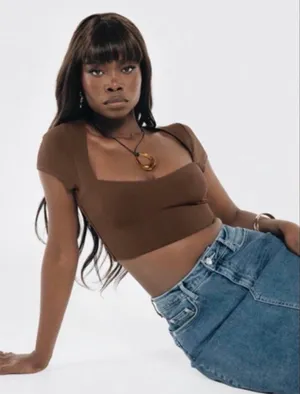 Princess Polly Top Brown Crop thumbnail 1
