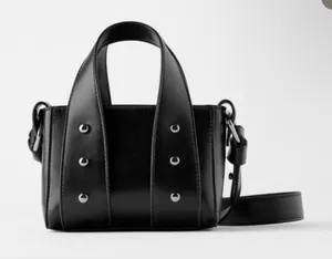 Zara Mini Crossbody Bag Black Faux Leather Studded Top‎ Handle Tote Purse City thumbnail 1