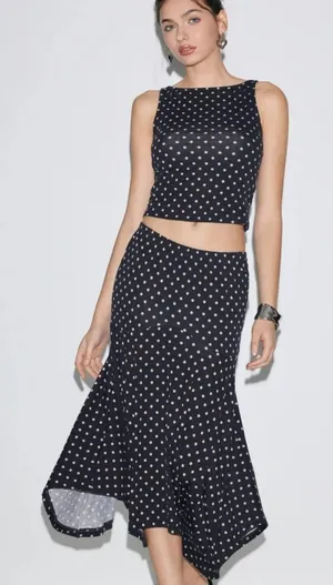 NWT Cider Blue White Boat Neck Polka Dot Top & Ruffle Hem Mid Rise Skirt Set XS thumbnail 1