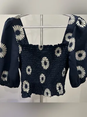 nwot bobeau Navy Floral Smocked Square-Neck Crop Top size Large thumbnail 6
