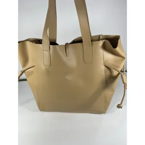 Beige Matte Tote Bag Drawstring Closure Double Handles Solid Medium Casual thumbnail 3