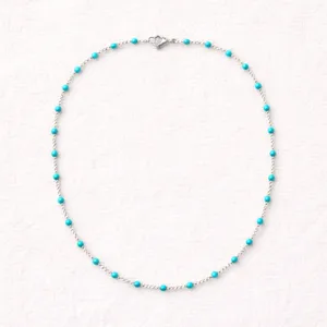 Necklace - 16” Stainless Steel Silver tone with turquoise color Bead Accents thumbnail 2