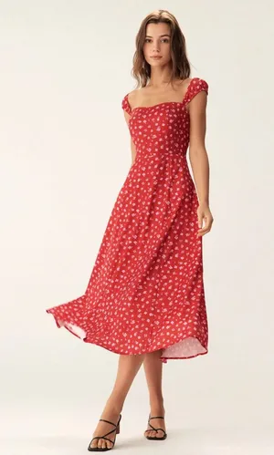 Rihoas Red Floral Sweetheart Neck Cap Sleeve Midi Dress thumbnail 1