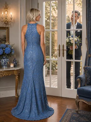 Boutique #3-8 Dusty Blue Sequin High Halter Neckline Sleeveless Column Gown. thumbnail 2