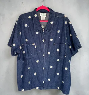 Vintage The Quacker Factory Women’s 3X Daisy Blue Denim Zip Up Top Grandmacore thumbnail 1