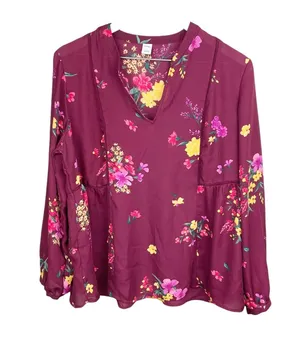 Old Navy Women's Burgundy Maroon Floral Tunic Top Flowy Blouse Size Large thumbnail 1