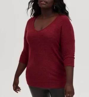 TORRID WOMEN'S RED 3/4 SLEEVE V-NECK SUPER SOFT PLUSH PULLOVER PLUS 2 2x thumbnail 1