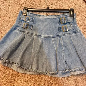 Windsor Light Blue Denim Pleated Mini Skirt with Buckle Straps thumbnail 1