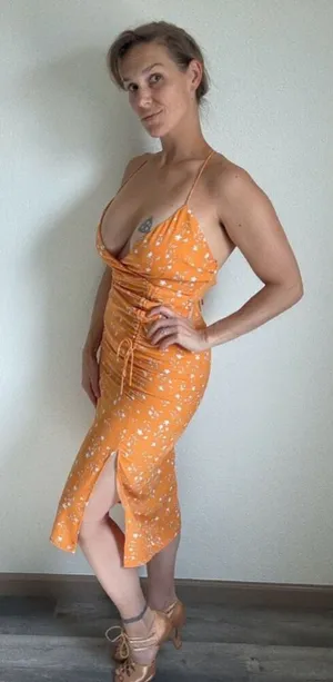 Endless Blu Ruched Midi Dress Bodycon Leg Slit Orange Floral thumbnail 1