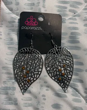 Paparazzi Gunmetal Teardrop Filigree Earrings with Amber Accents thumbnail 1