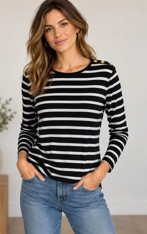 Ralph Lauren black white stripe long sleeve stretch top Large Preppy nautical thumbnail 1