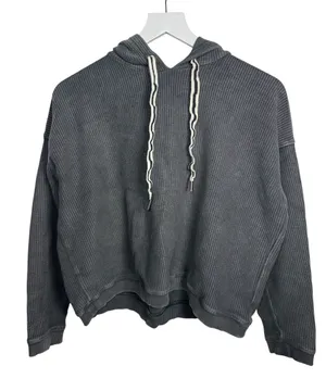 Aerie Waffle Knit Gray Wash Oversize Crop Sweatshirt Hoodie W2347 Sz S thumbnail 1